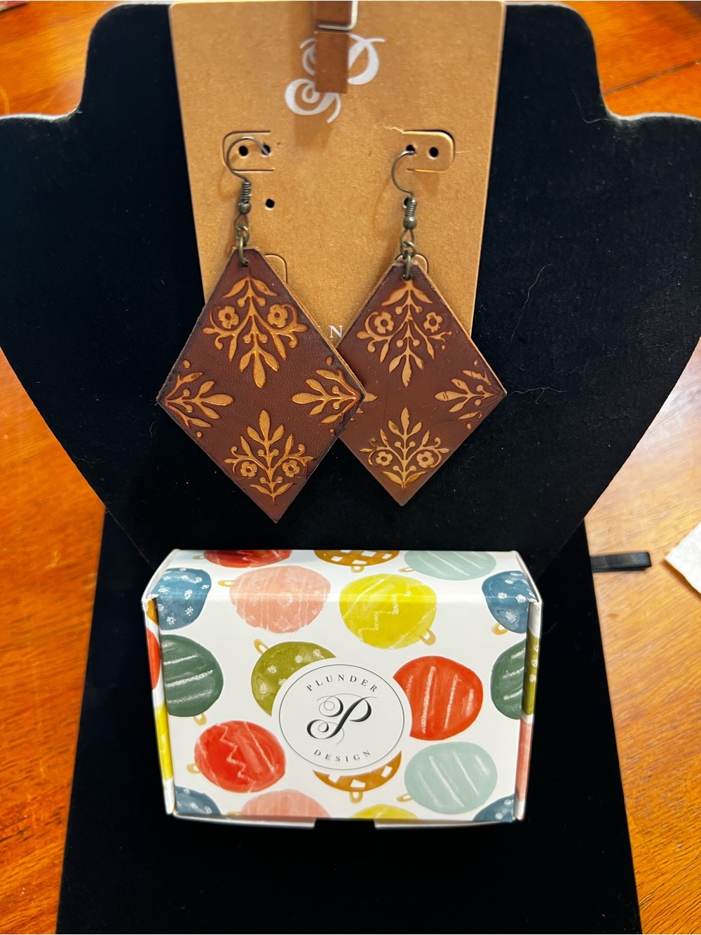 Brown Leather Diamond Dangle Earrings
